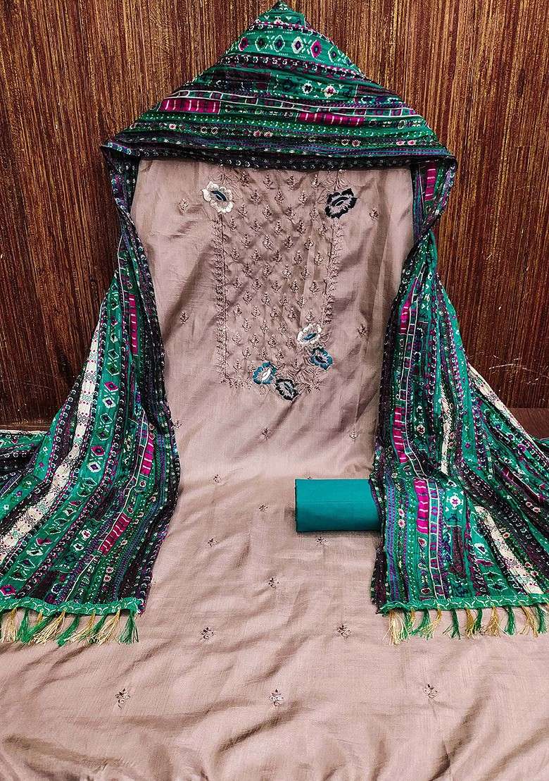 Grey Embroidered Blended Straight Kurta Set - Indya