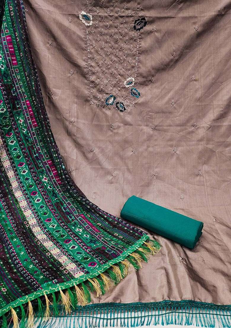 Grey Embroidered Blended Straight Kurta Set - Indya