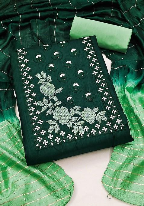 Green Embroidered Blended Straight Kurta Set