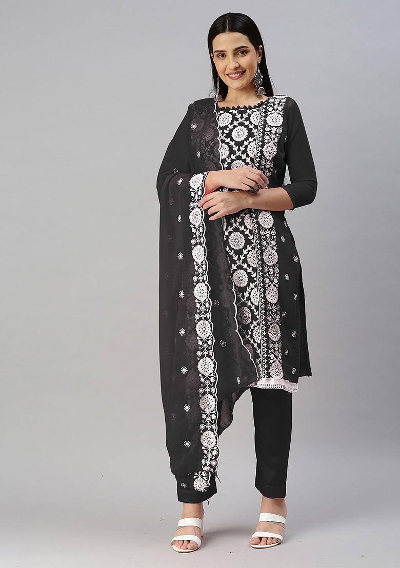 Black Embroidered Poly Blend Kurta Set - Indya