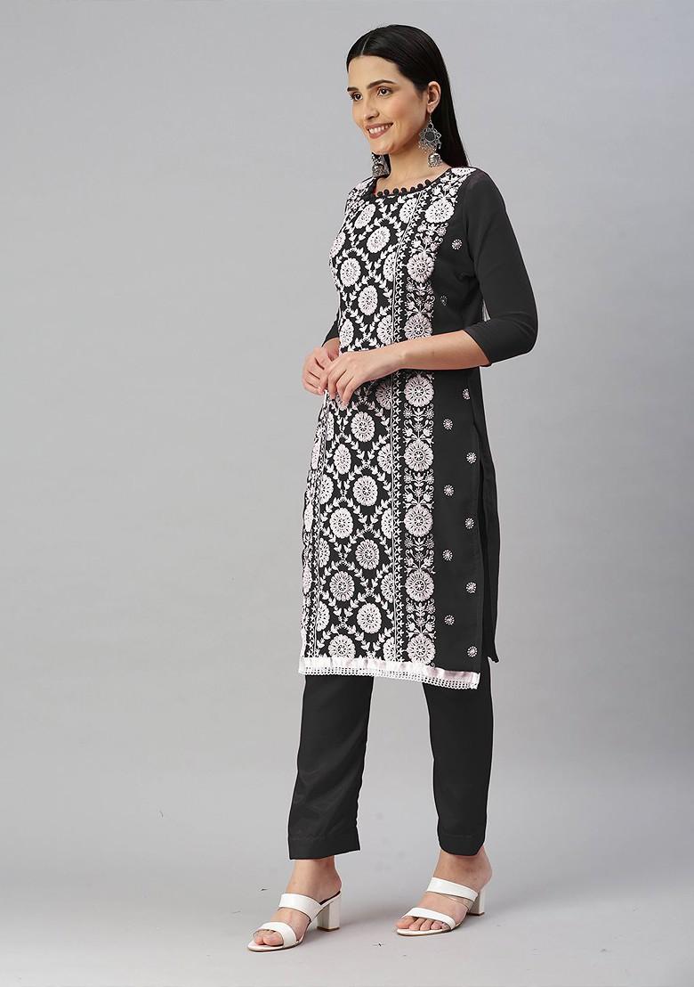 Black Embroidered Poly Blend Kurta Set - Indya