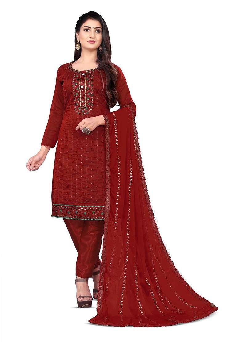 Maroon Embroidered Poly Blend Kurta Set - Indya