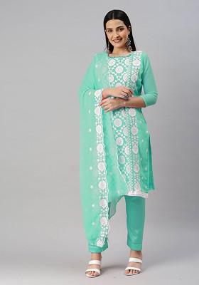 Sea Green Embroidered Poly Blend Kurta Set