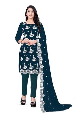 Teal Embroidered Poly Blend Kurta Set