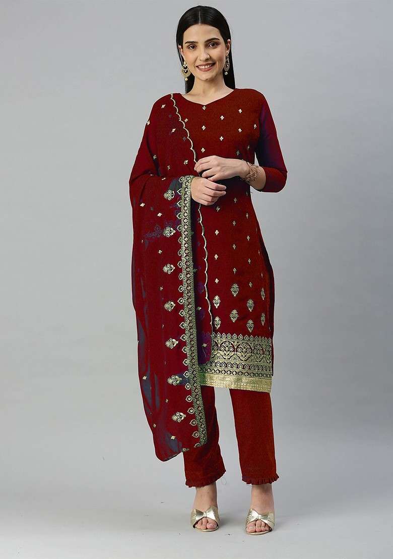 Maroon Embroidered Blended Straight Kurta Set - Indya