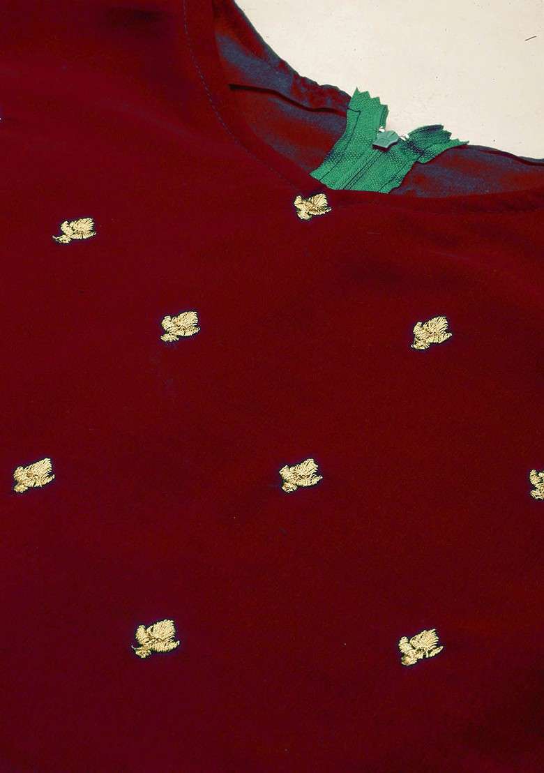 Maroon Embroidered Blended Straight Kurta Set - Indya