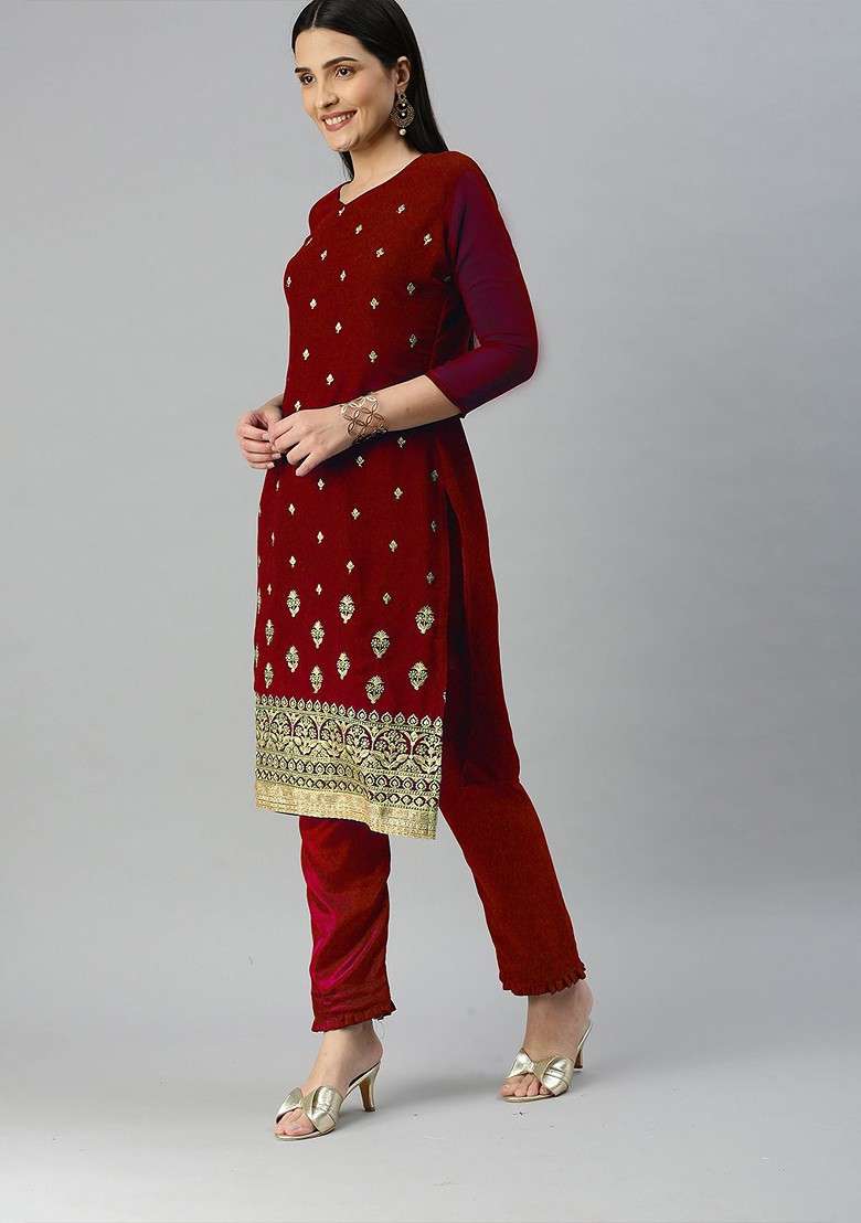 Maroon Embroidered Blended Straight Kurta Set - Indya