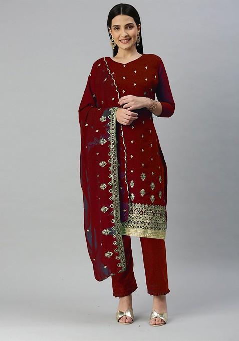 Maroon Embroidered Poly Blend Kurta Set