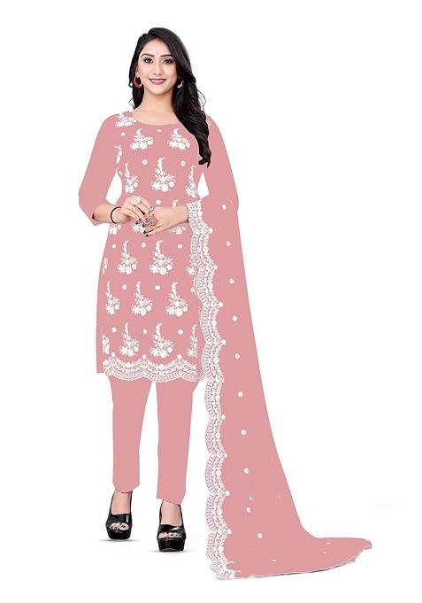 Pink Embroidered Poly Blend Kurta Set