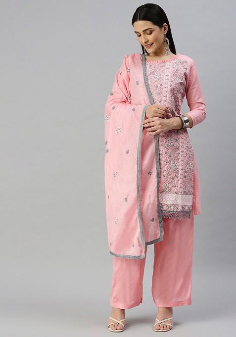 Pink Chikankari Blended Straight Kurta Set
