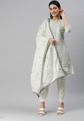 Grey Embroidered Poly Blend Kurta Set
