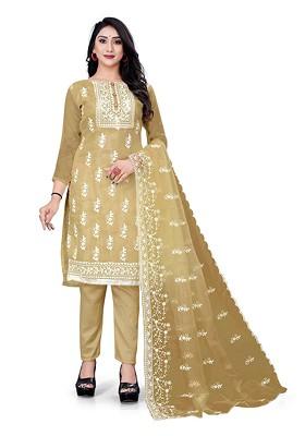 Beige Embroidered Poly Blend Kurta Set