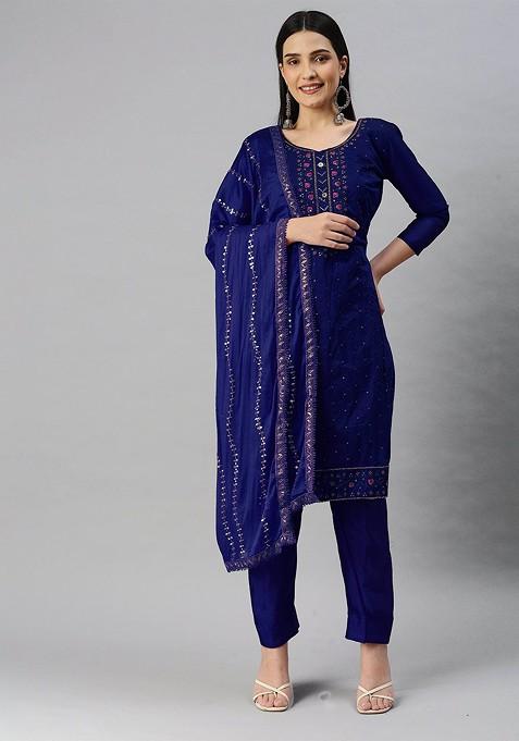 Blue Embroidered Blended Straight Kurta Set