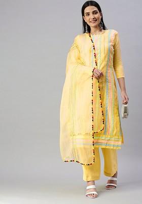 Yellow Embroidered Poly Blend Kurta Set