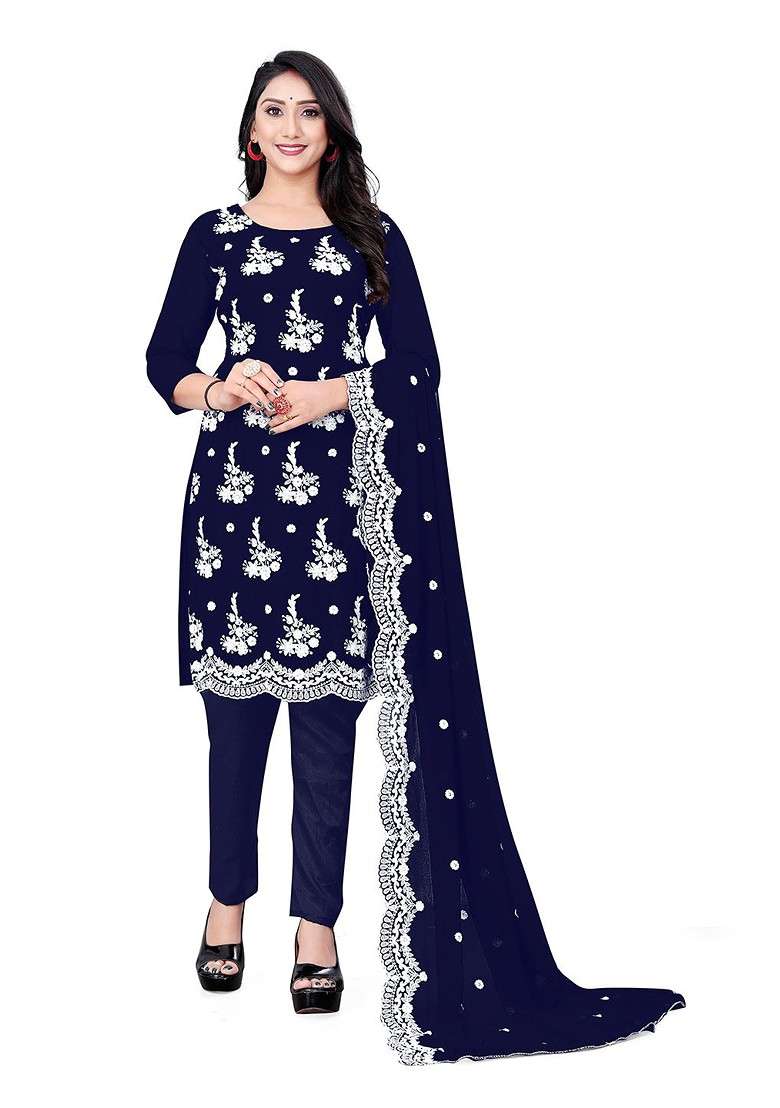Blue Embroidered Poly Blend Kurta Set - Indya
