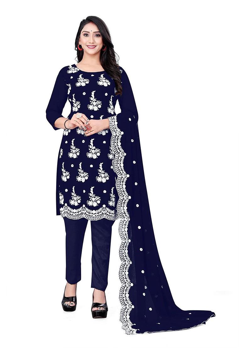 Blue Embroidered Poly Blend Kurta Set