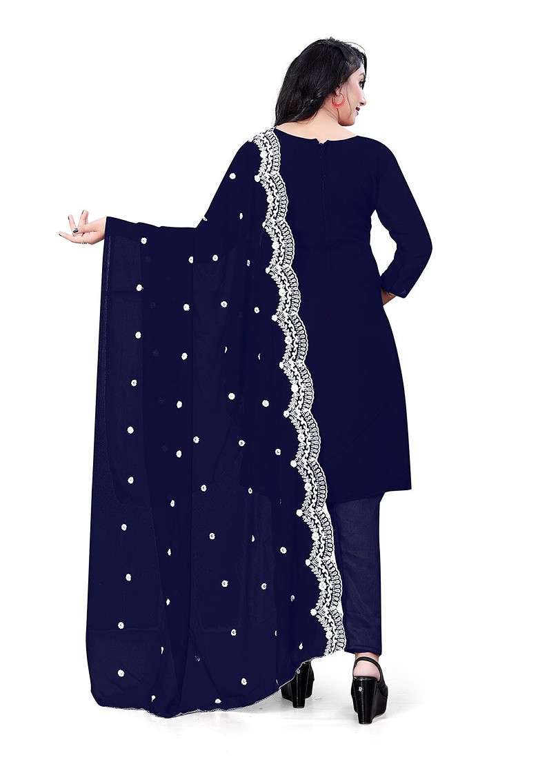 Blue Embroidered Poly Blend Kurta Set - Indya