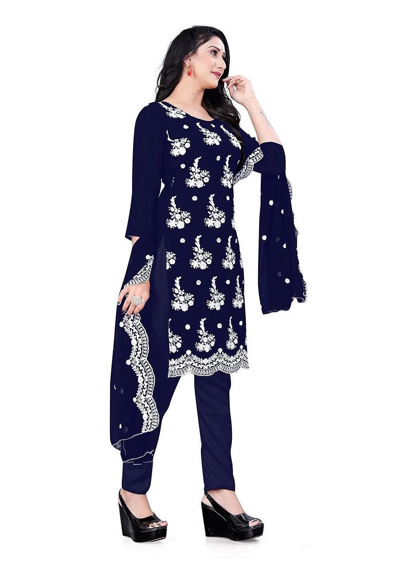 Blue Embroidered Poly Blend Kurta Set