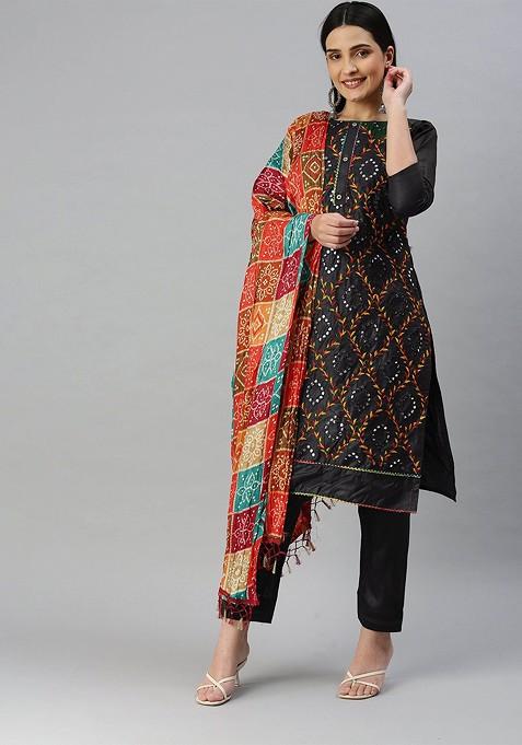 Black Embroidered Poly Blend Kurta Set