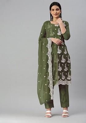 Olive Embroidered Poly Blend Kurta Set