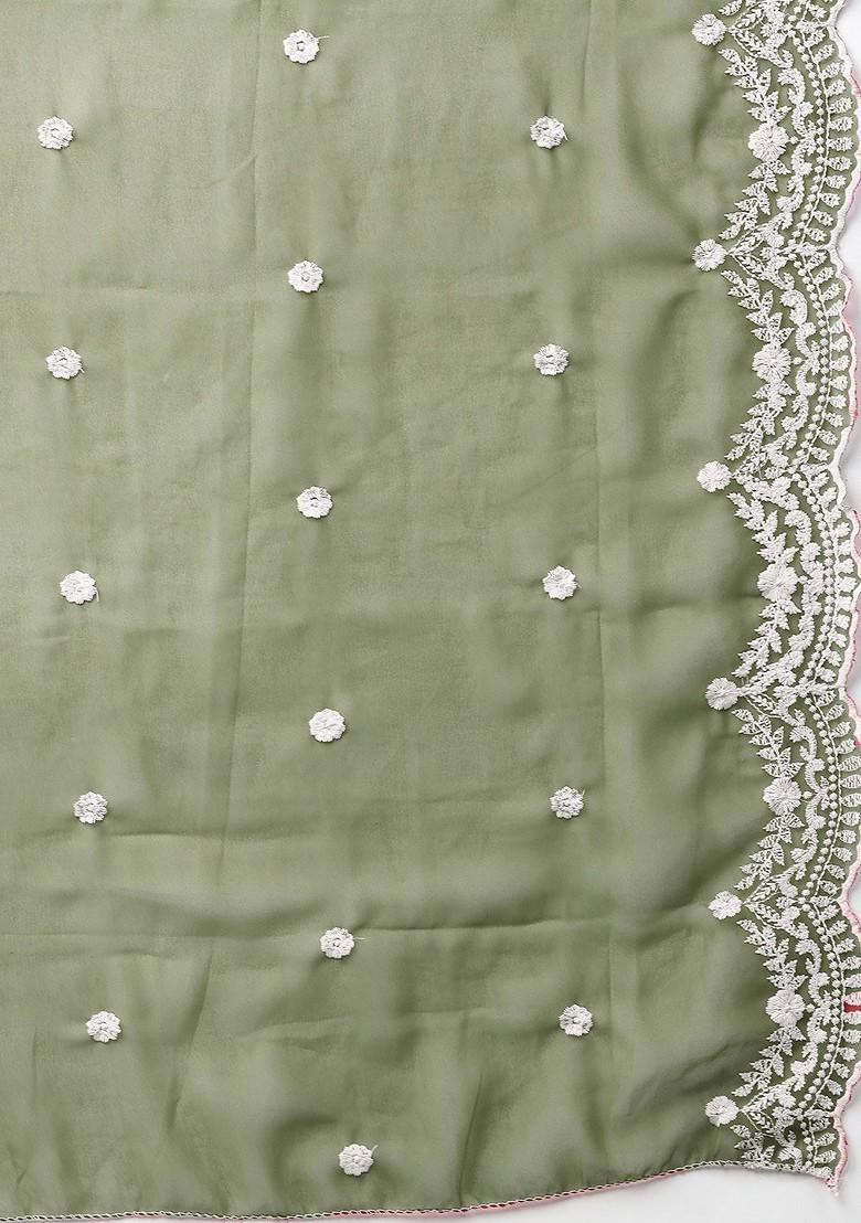 Olive Embroidered Poly Blend Kurta Set - Indya