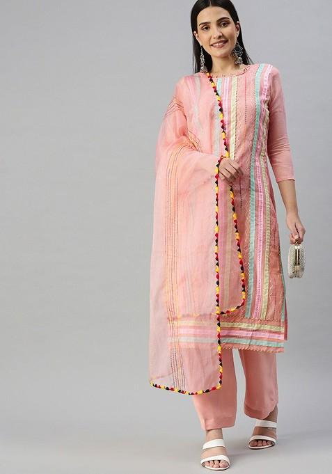 Pink Embroidered Poly Blend Kurta Set