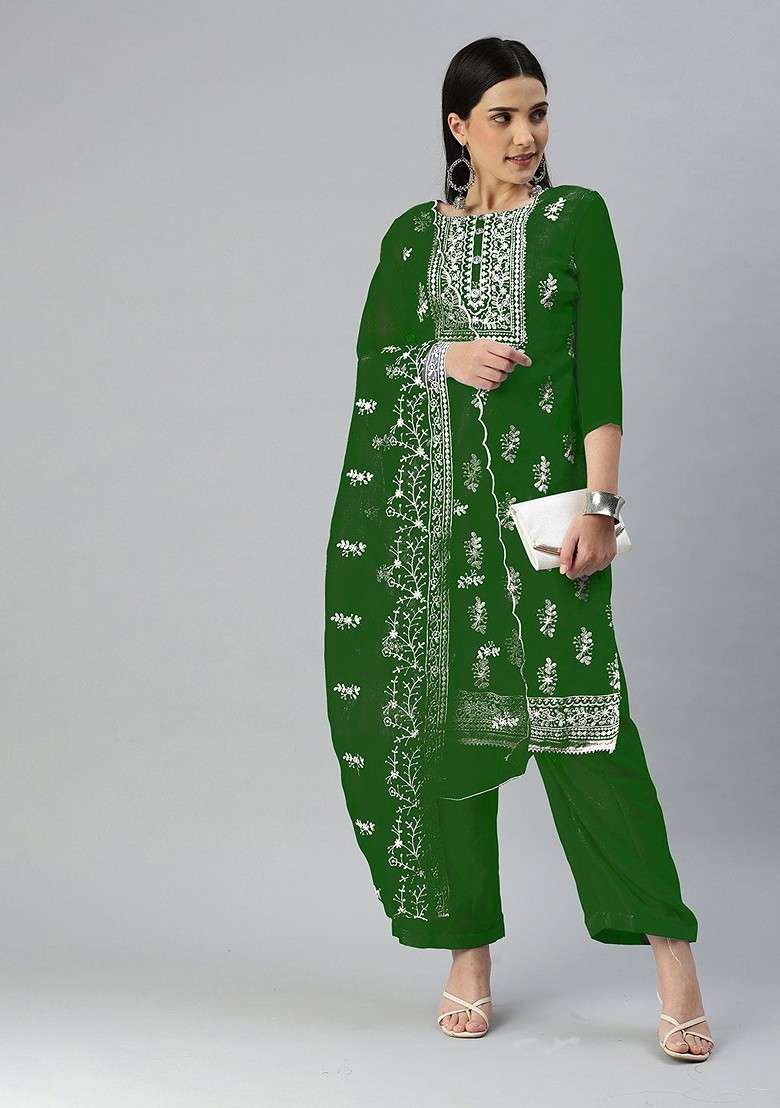 Green Embroidered Organza Kurta Set - Indya