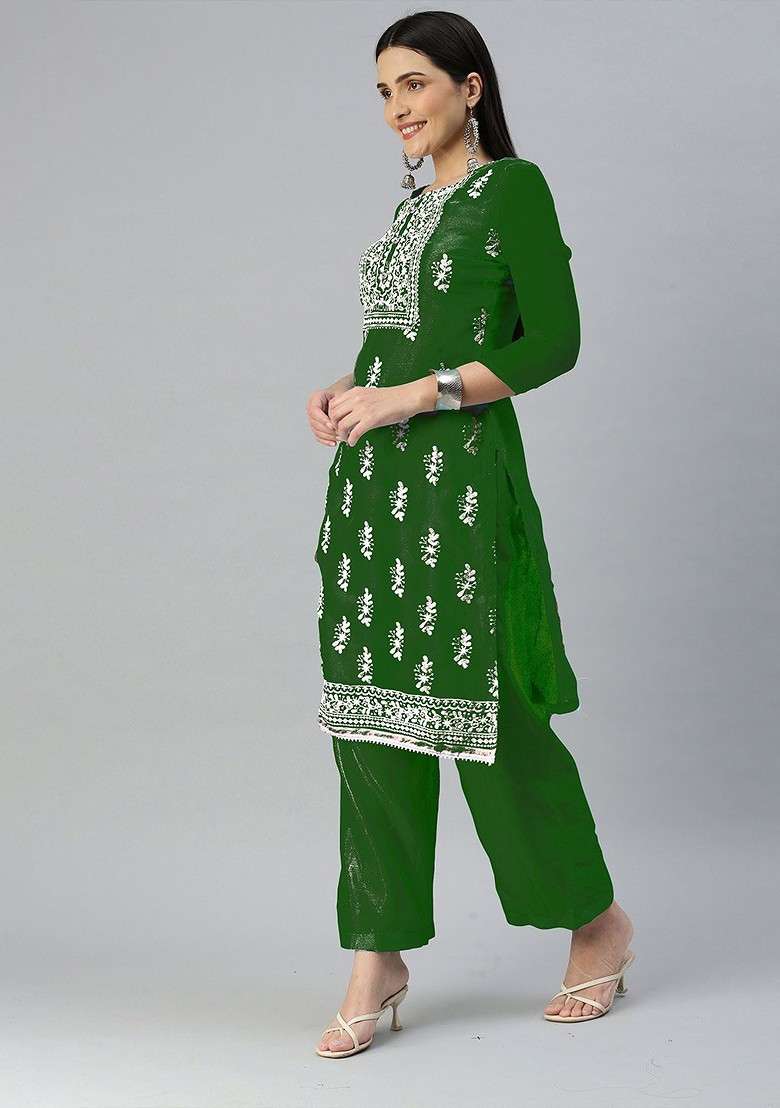 Green Embroidered Organza Kurta Set - Indya