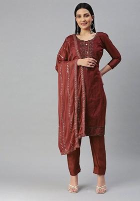 Maroon Embroidered Poly Blend Kurta Set