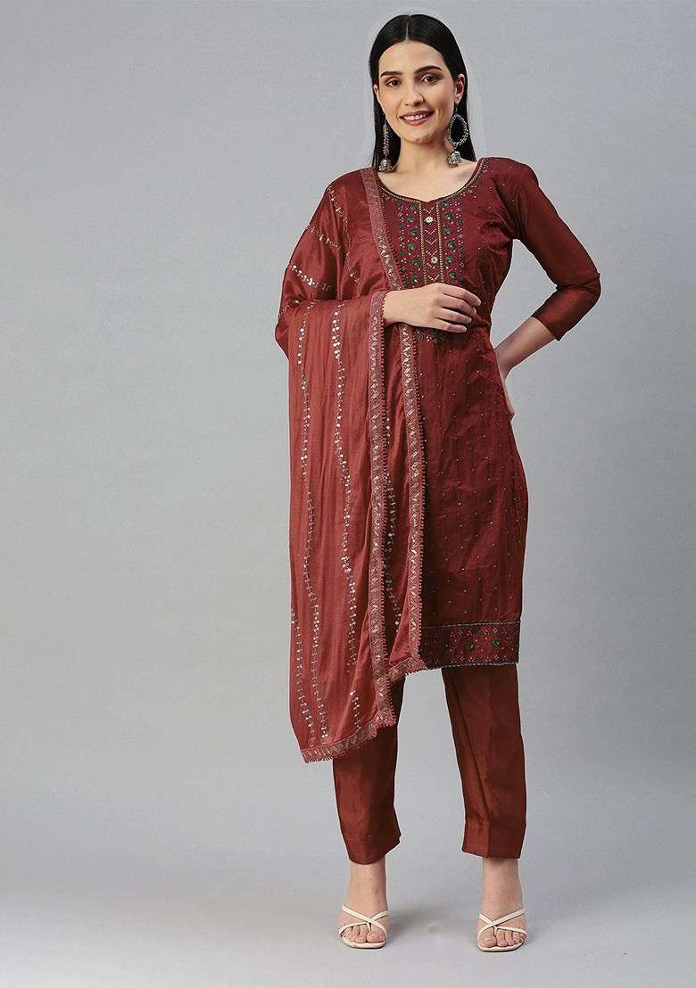 Maroon Embroidered Poly Blend Kurta Set - Indya