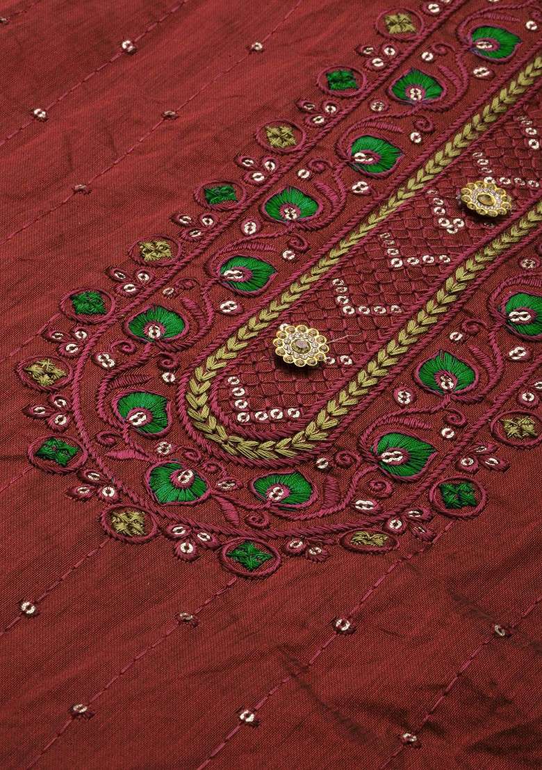 Maroon Embroidered Poly Blend Kurta Set - Indya