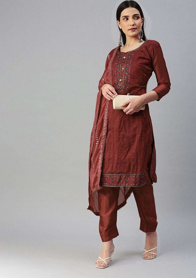 Maroon Embroidered Poly Blend Kurta Set - Indya