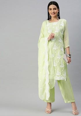 Lime Green Embroidered Poly Blend Kurta Set