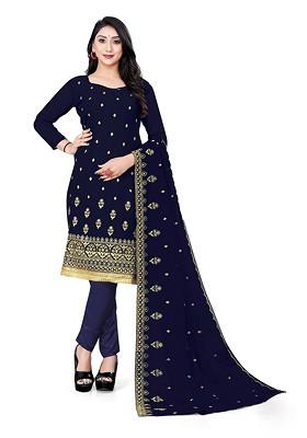 Navy Blue Embroidered Poly Blend Kurta Set
