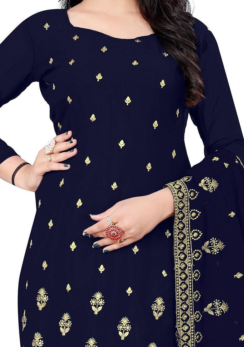 Navy Blue Embroidered Poly Blend Kurta Set - Indya