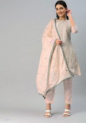 Peach Embroidered Poly Blend Kurta Set