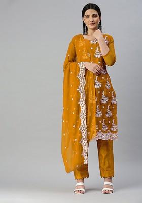Yellow Embroidered Poly Blend Kurta Set