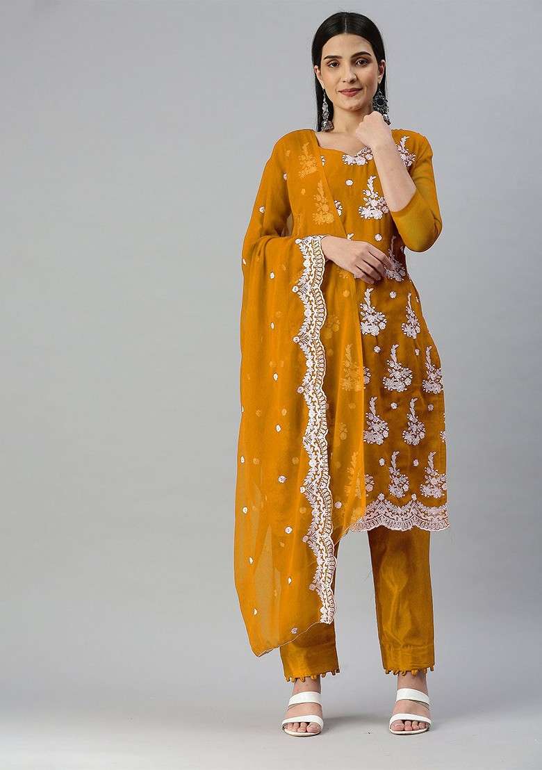 Yellow Embroidered Poly Blend Kurta Set - Indya
