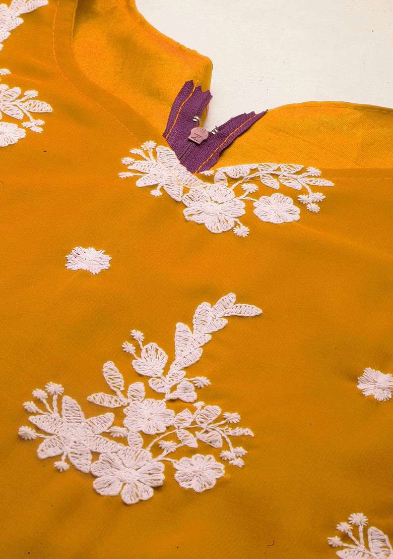 Yellow Embroidered Poly Blend Kurta Set - Indya