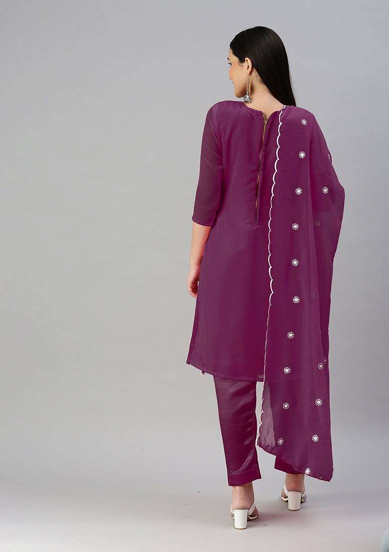 Magenta Embroidered Poly Blend Kurta Set - Indya