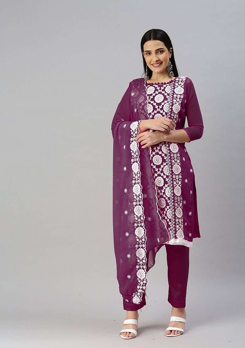 Magenta Embroidered Poly Blend Kurta Set - Indya