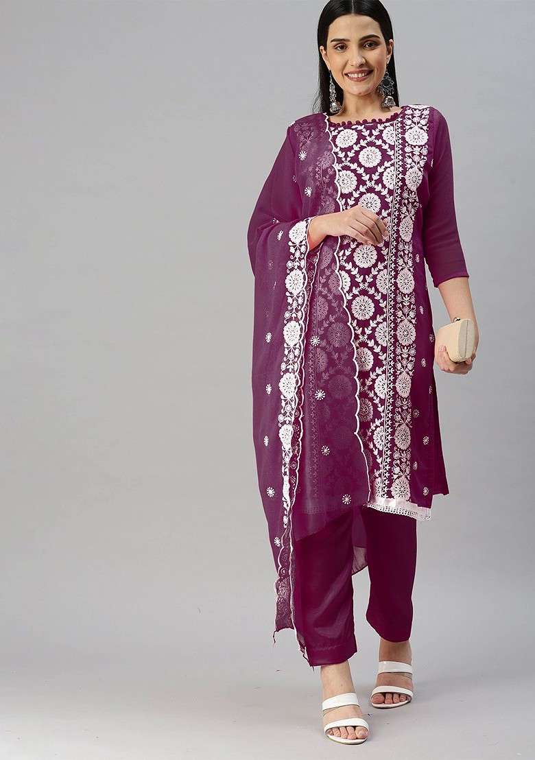 Magenta Embroidered Poly Blend Kurta Set - Indya