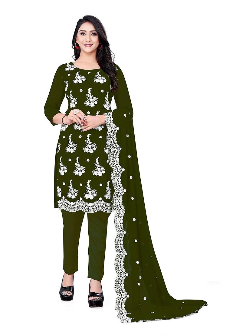 Olive Embroidered Poly Blend Kurta Set - Indya