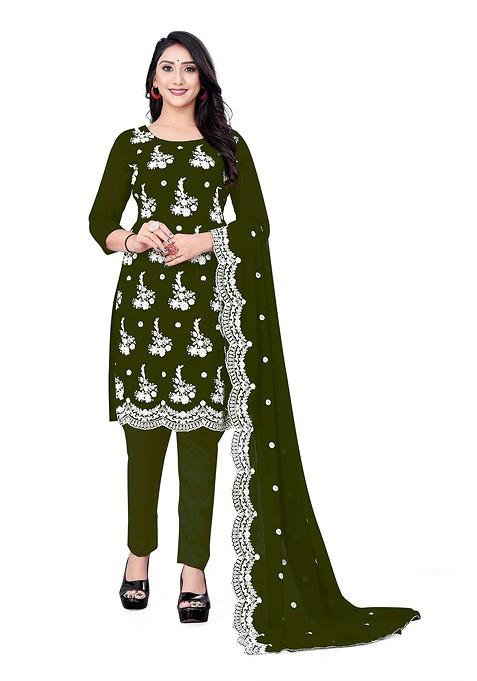 Olive Embroidered Poly Blend Kurta Set