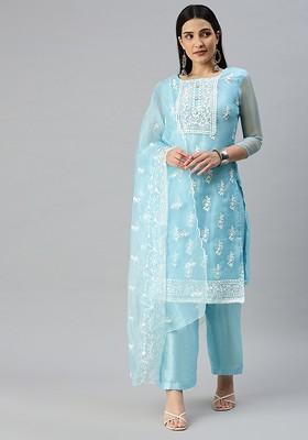 Sea Green Embroidered Organza Kurta Set