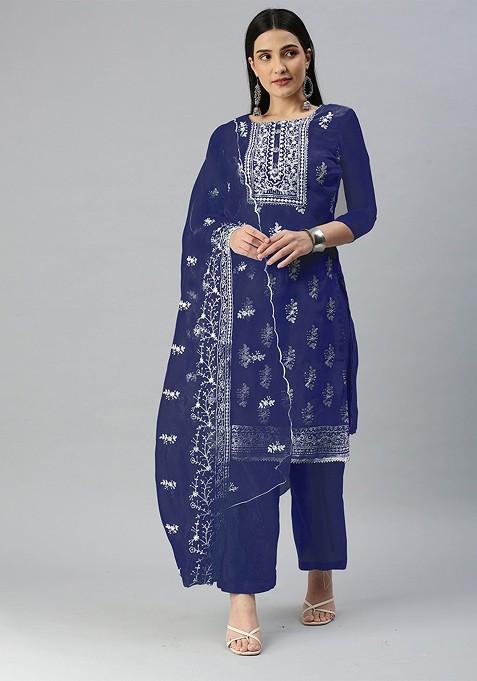 Blue Chikankari Blended Straight Kurta Set