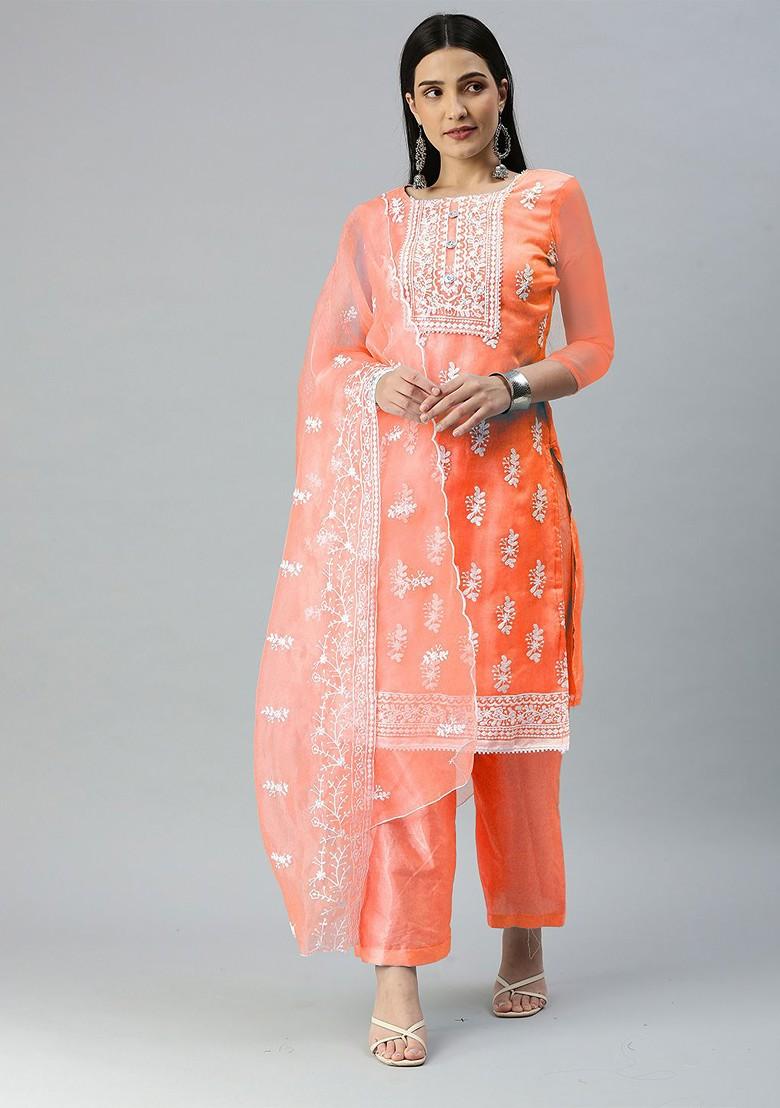 Orange Embroidered Organza Kurta Set - Indya