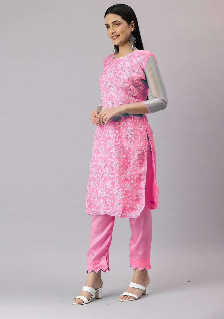 Pink Embroidered Organza Kurta Set - Indya