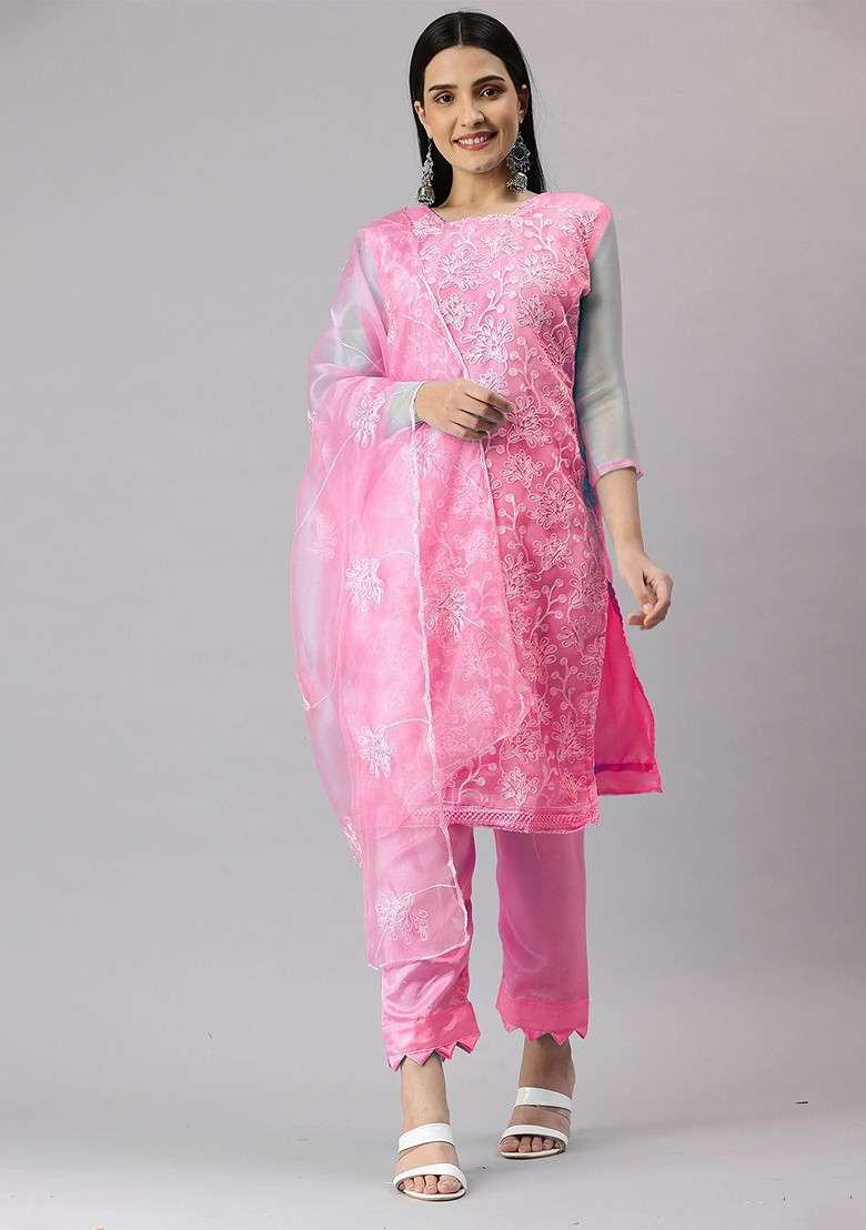 Pink Embroidered Organza Kurta Set - Indya