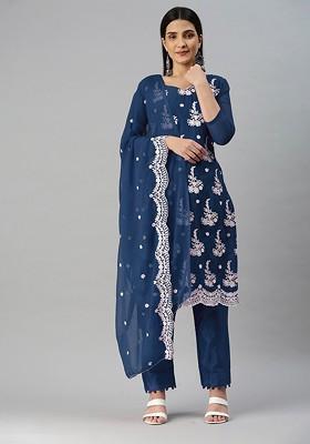 Teal Embroidered Poly Blend Kurta Set